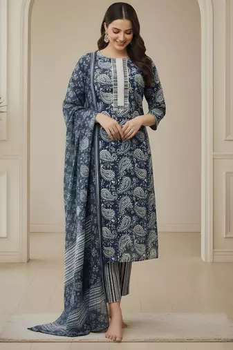 Teal color cotton stylish and trendy kurta set for girls