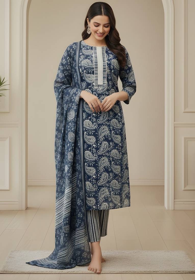 Teal color cotton fabric stylish and trendy kurta set for ethnic girls