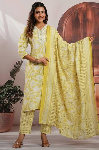 Lemon color cotton fabric stylish and trendy kurta set for ethnic girls