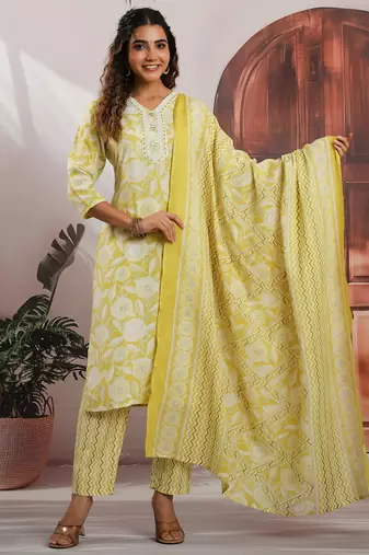 Lemon color cotton fabric stylish and trendy kurta set for ethnic girls