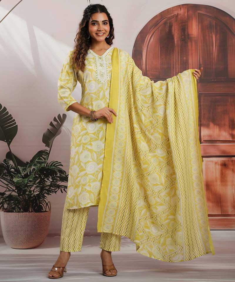 Lemon color cotton fabric stylish and trendy kurta set for ethnic girls