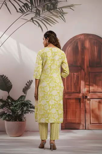 Lemon color cotton stylish and trendy kurta set for girls