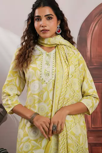 Lemon color cotton stylish and trendy kurta set for girls