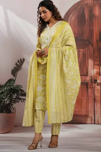 Lemon color cotton stylish and trendy kurta set for girls
