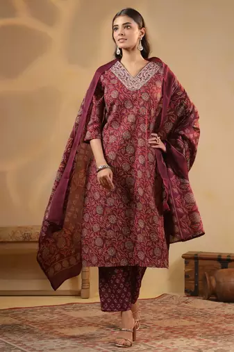 Maroon color cotton fabric stylish and trendy kurta set for ethnic girls