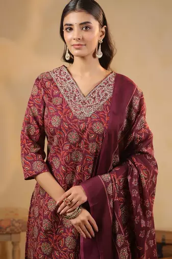 Maroon color cotton stylish and trendy kurta set for girls