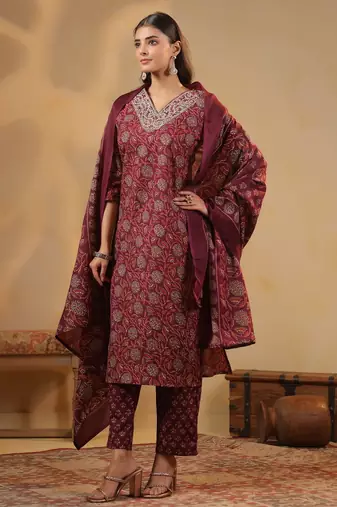 Maroon color cotton stylish and trendy kurta set for girls