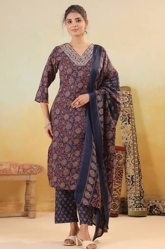 Blue color cotton fabric stylish and trendy kurta set for ethnic girls