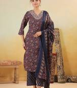 Blue color cotton fabric stylish and trendy kurta set for ethnic girls