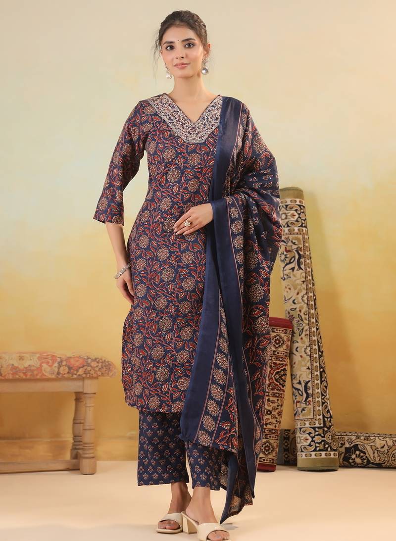 Blue color cotton fabric stylish and trendy kurta set for ethnic girls