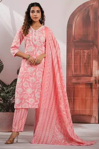 Pink color cotton fabric stylish and trendy kurta set for ethnic girls