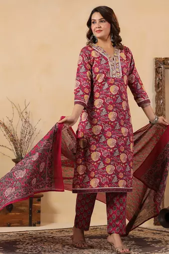 Pink color cotton stylish and trendy kurta set for girls