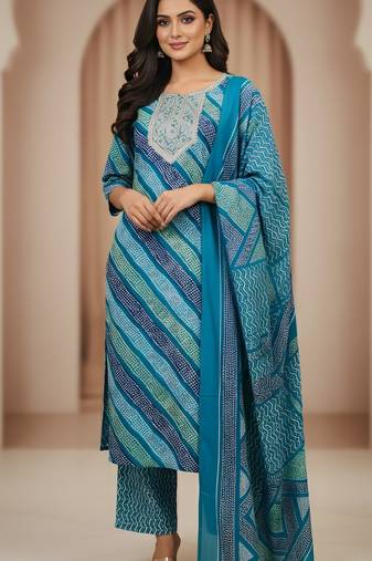 Firozi color cotton fabric stylish and trendy kurta set for ethnic girls