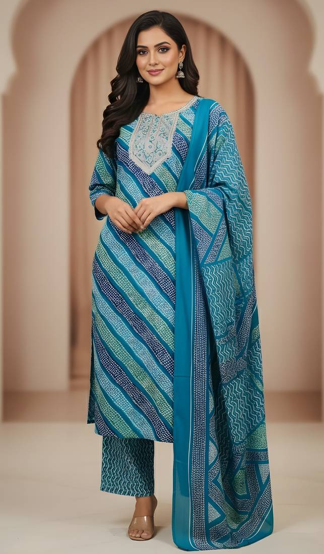 Firozi color cotton fabric stylish and trendy kurta set for ethnic girls