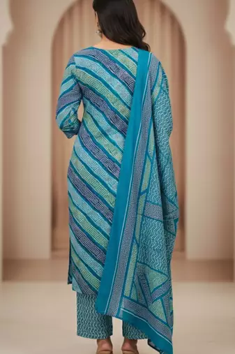 Firozi color cotton stylish and trendy kurta set for girls