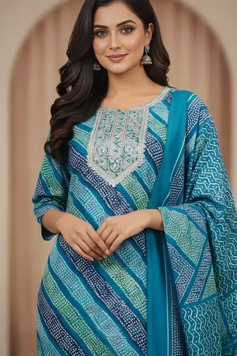 Firozi color cotton stylish and trendy kurta set for girls
