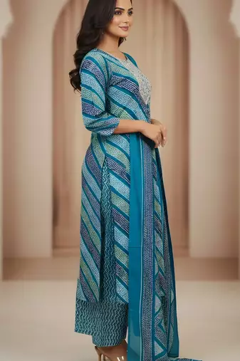 Firozi color cotton stylish and trendy kurta set for girls