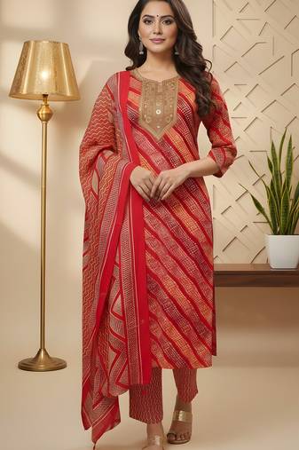 Red color cotton fabric stylish and trendy kurta set for ethnic girls