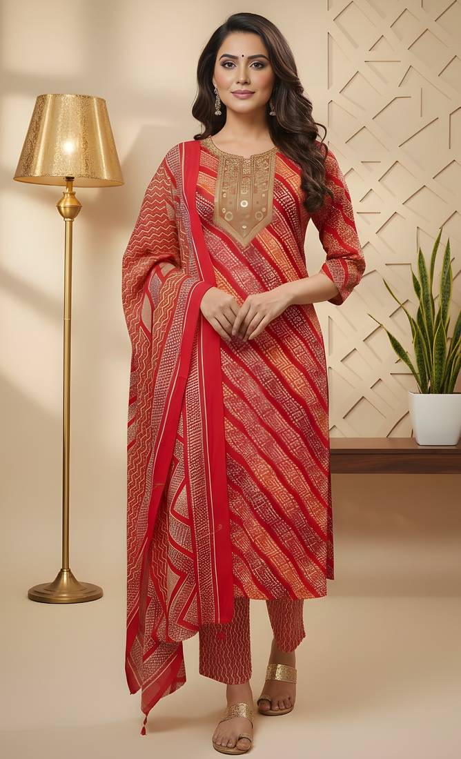 Red color cotton fabric stylish and trendy kurta set for ethnic girls