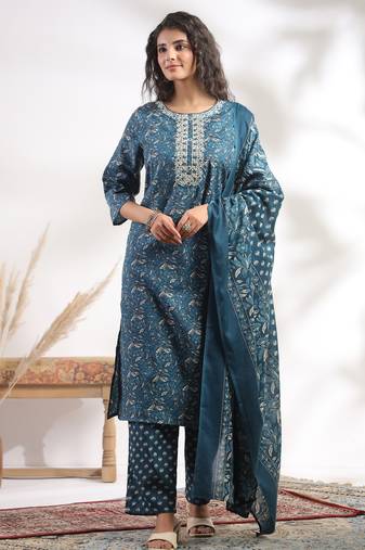 Blue color cotton fabric stylish and trendy kurta set for ethnic girls