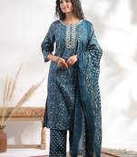 Blue color cotton fabric stylish and trendy kurta set for ethnic girls