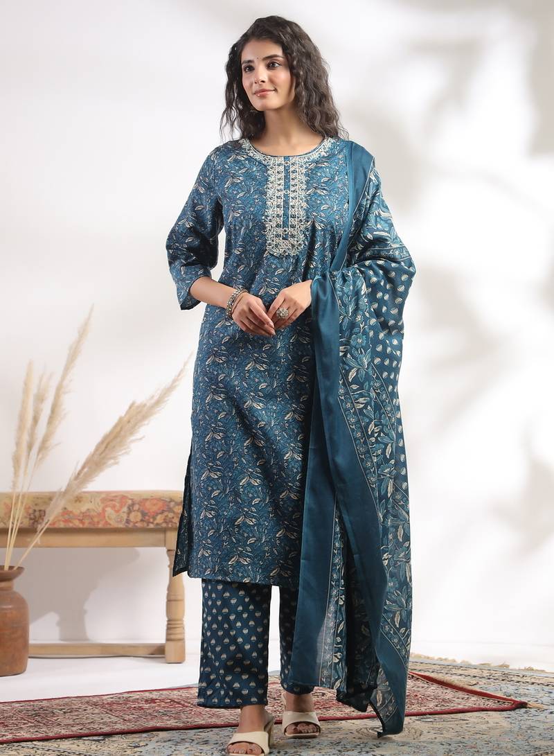 Blue color cotton fabric stylish and trendy kurta set for ethnic girls