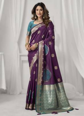 Purple soft silk blend saree with elegant fancy pom-pom pallu 1