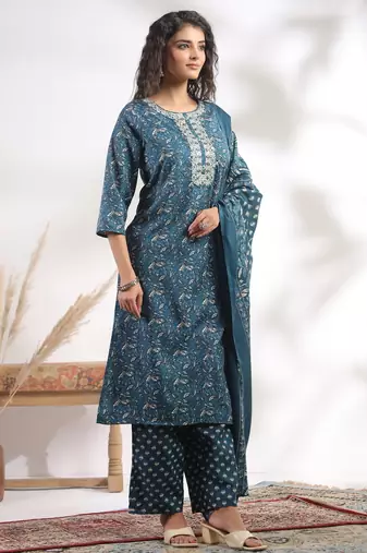 Blue color cotton stylish and trendy kurta set for girls