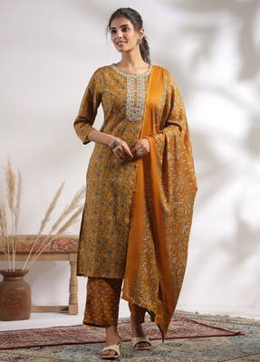 Mustard color cotton stylish and trendy kurta set for girls 1