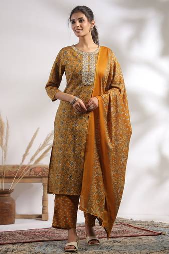 Mustard color cotton fabric stylish and trendy kurta set for ethnic girls