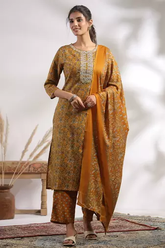 Mustard color cotton fabric stylish and trendy kurta set for ethnic girls