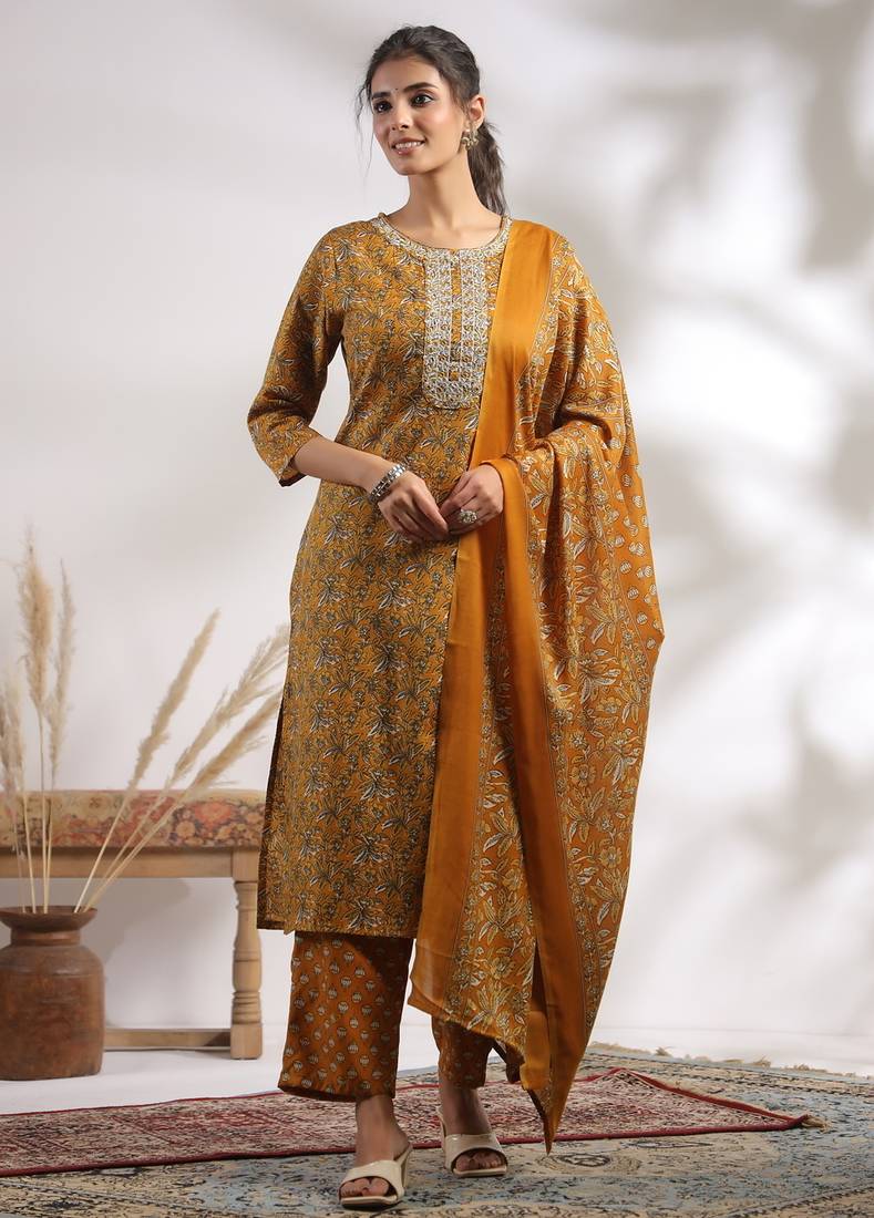 Mustard color cotton fabric stylish and trendy kurta set for ethnic girls