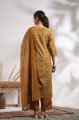 Mustard color cotton stylish and trendy kurta set for girls