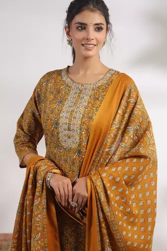 Mustard color cotton stylish and trendy kurta set for girls