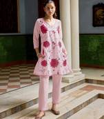 Pink color beautiful girlie chinon fabric embroidered kurta set