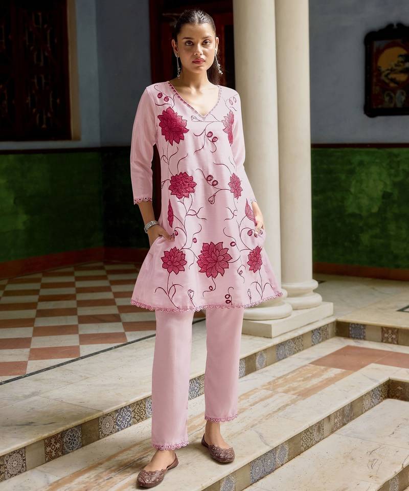 Pink color beautiful girlie chinon fabric embroidered kurta set
