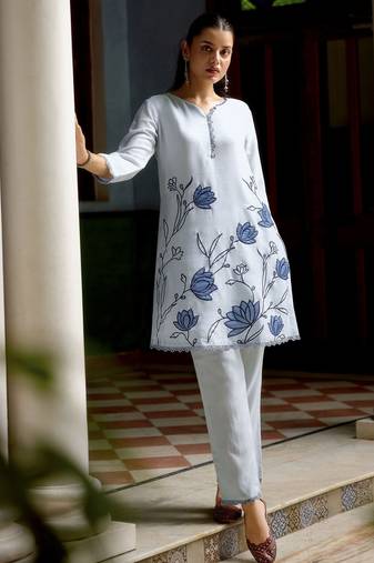 Sky blue color beautiful girlie chinon fabric embroidered kurta set