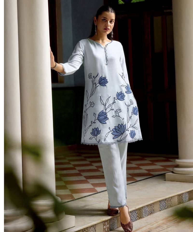 Sky blue color beautiful girlie chinon fabric embroidered kurta set