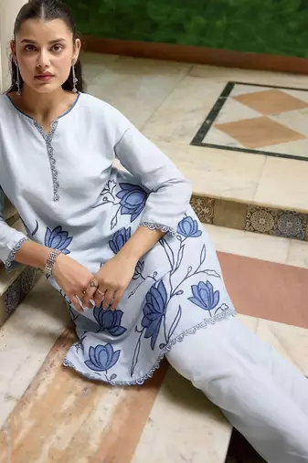 Sky blue color beautiful chinon embroidered kurta set