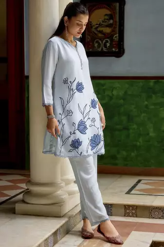 Sky blue color beautiful chinon embroidered kurta set