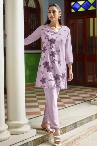 Purple color beautiful girlie chinon fabric embroidered kurta set