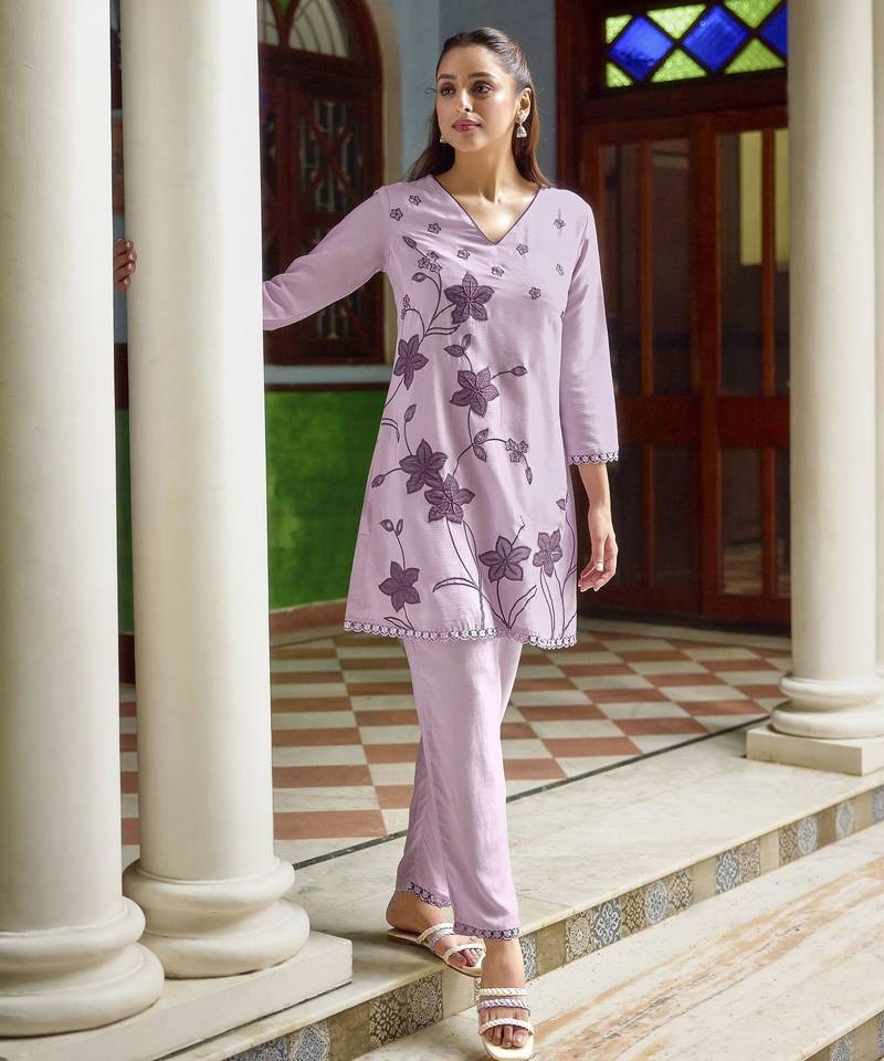 Purple color beautiful girlie chinon fabric embroidered kurta set