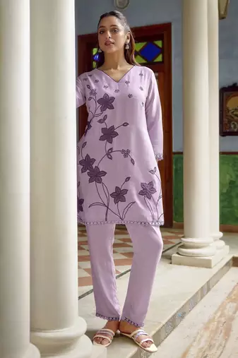 Purple color beautiful chinon embroidered kurta set