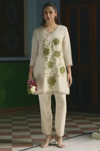 Pista color beautiful girlie chinon fabric embroidered kurta set