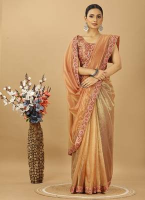 golden fancy net embroidery saree with designer lace border 1