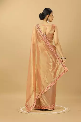golden fancy net embroidery saree with designer lace border