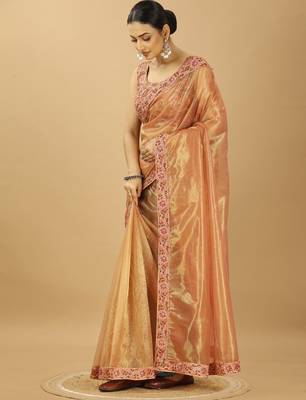 golden fancy net embroidery saree with designer lace border 3