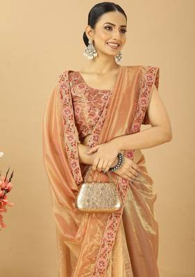 golden fancy net embroidery saree with designer lace border 4
