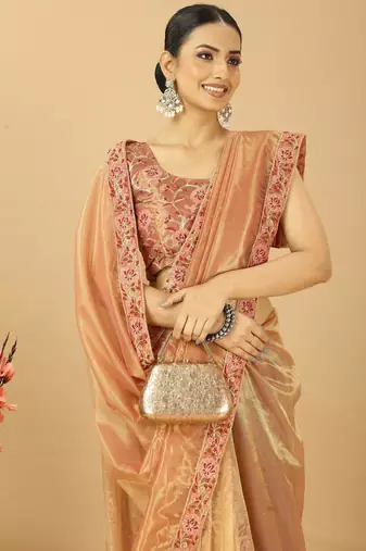 golden fancy net embroidery saree with designer lace border