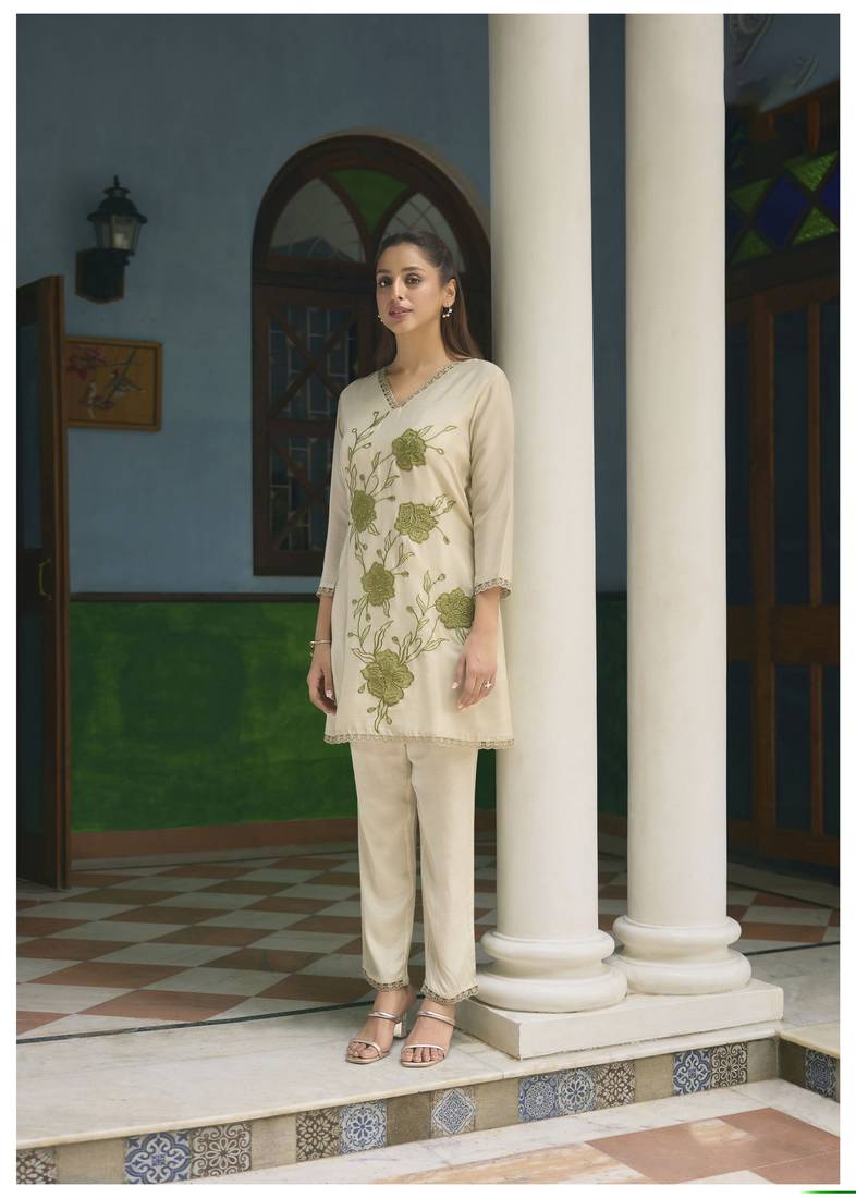 Pista color beautiful girlie chinon fabric embroidered kurta set